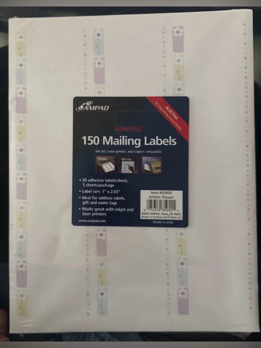 Amped Return Address Labels Sticker Sheet 150 Per Pack, 5 Packs Artistic Flower